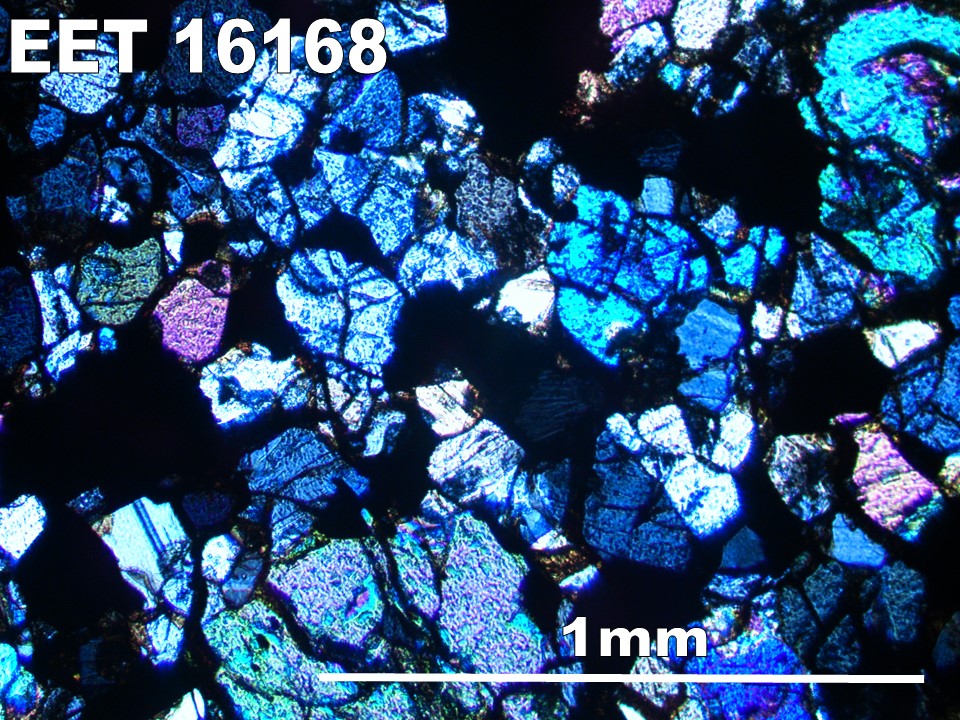 Thin Section Photo of Sample EET 16168 in Cross-Polarized Light with 5X Magnification