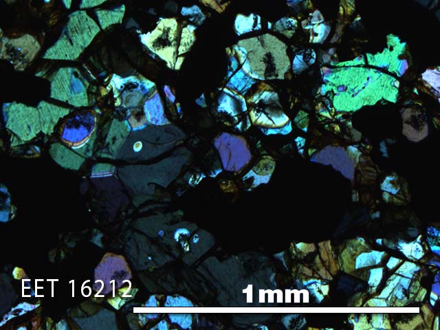 Thin Section Photo of Sample EET 16212 in Cross-Polarized Light with 5X Magnification