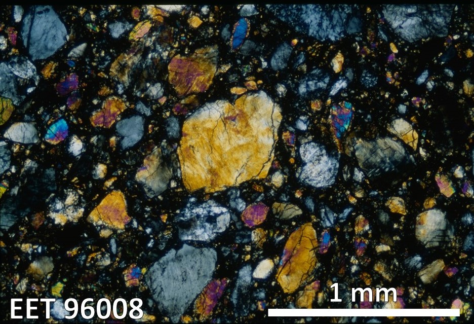 Thin Section Photo of Sample EET 96008 in Cross-Polarized Light with 2.5X Magnification