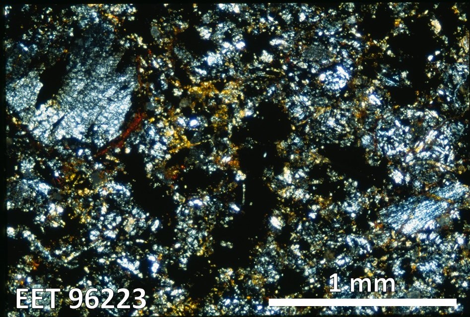 Thin Section Photo of Sample EET 96223 in Cross-Polarized Light with 2.5X Magnification
