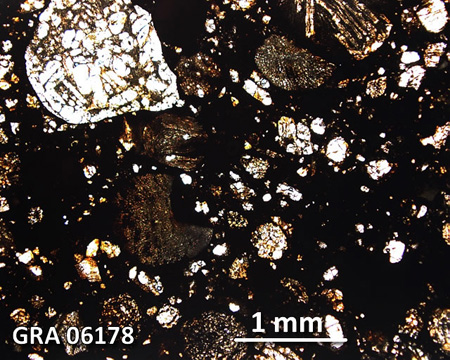 GRA 06178 Meteorite Thin Section Photo with 2.5x magnification in Plane-Polarized Light