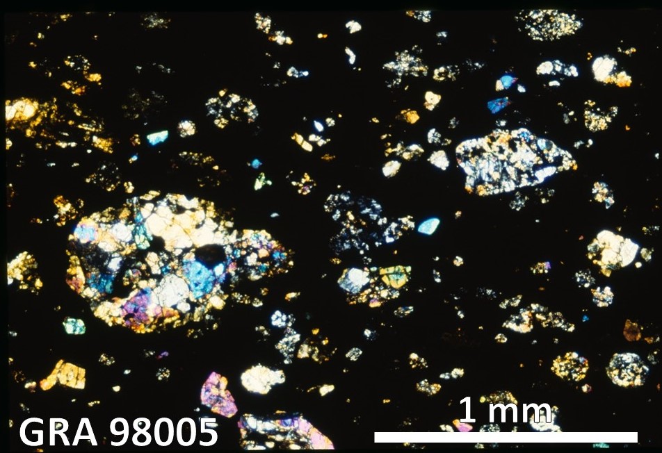 Thin Section Photo of Sample GRA 98005 in Cross-Polarized Light with 2.5X Magnification