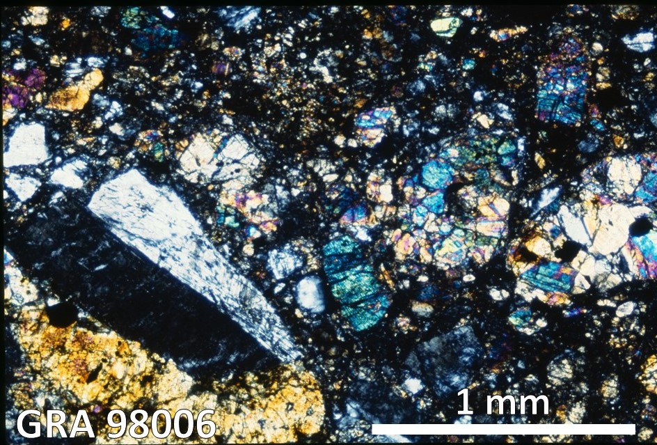 Thin Section Photo of Sample GRA 98006 in Cross-Polarized Light with 2.5X Magnification