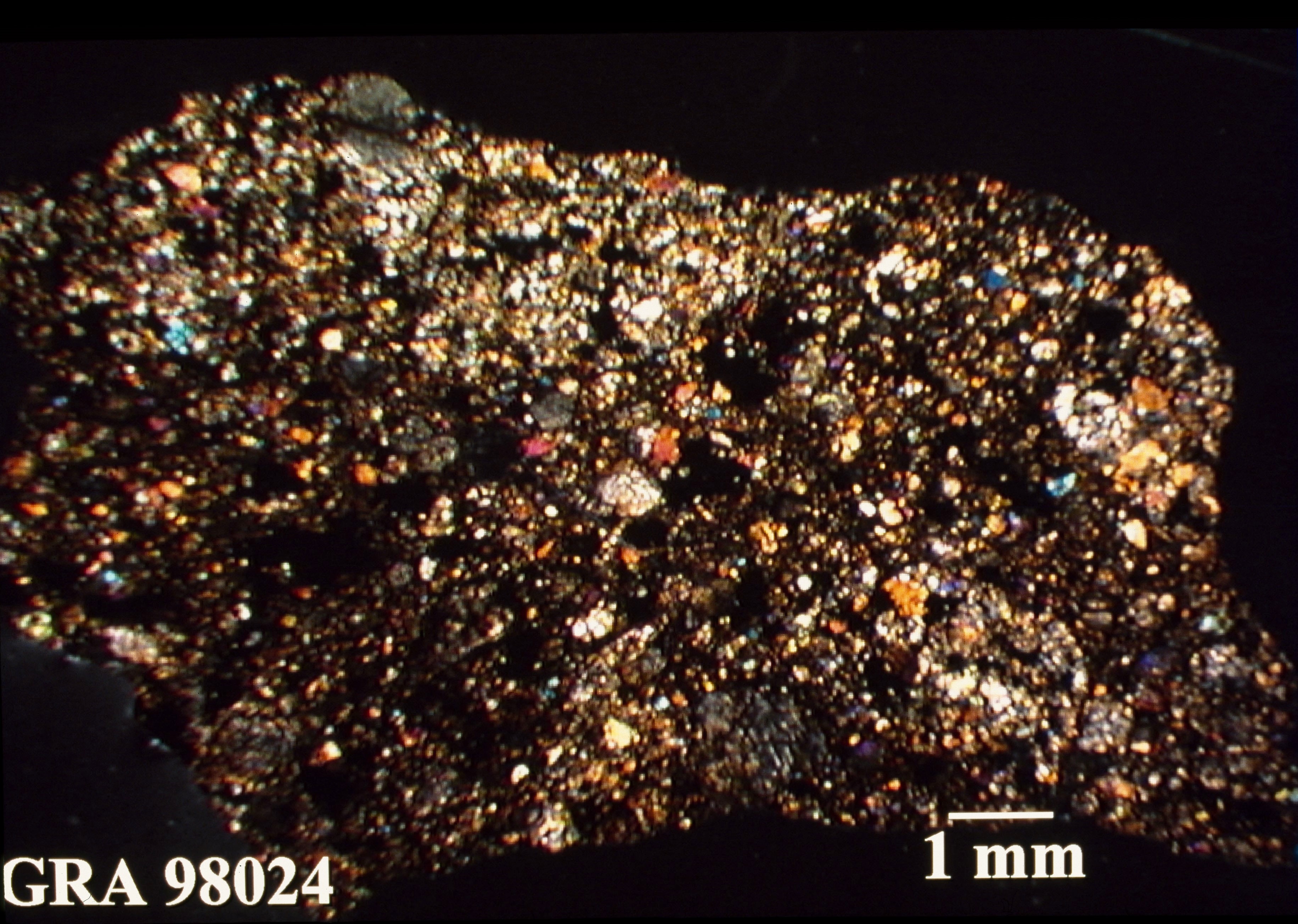 Thin Section Photo of Sample GRA 98024 in Cross-Polarized Light with 1.25X Magnification