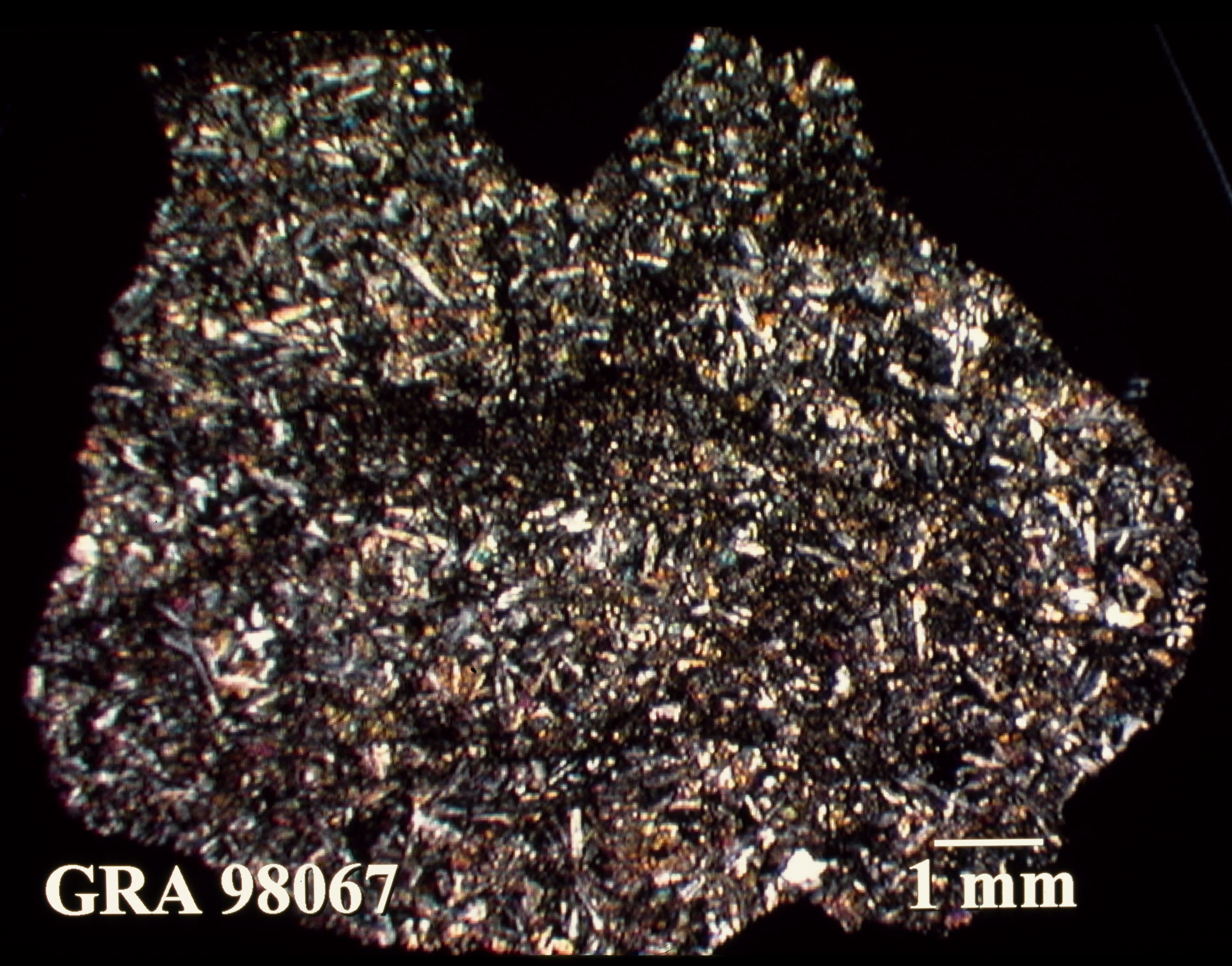 Thin Section Photo of Sample GRA 98067 in Cross-Polarized Light with 1.25X Magnification