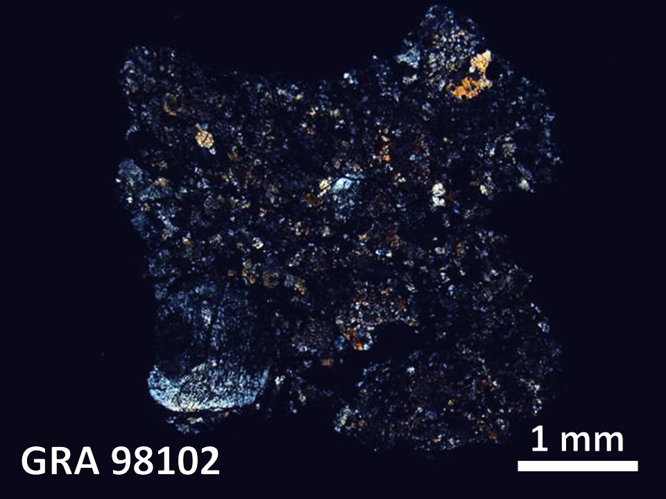 Thin Section Photo of Sample GRA 98102 in Cross-Polarized Light with  Magnification