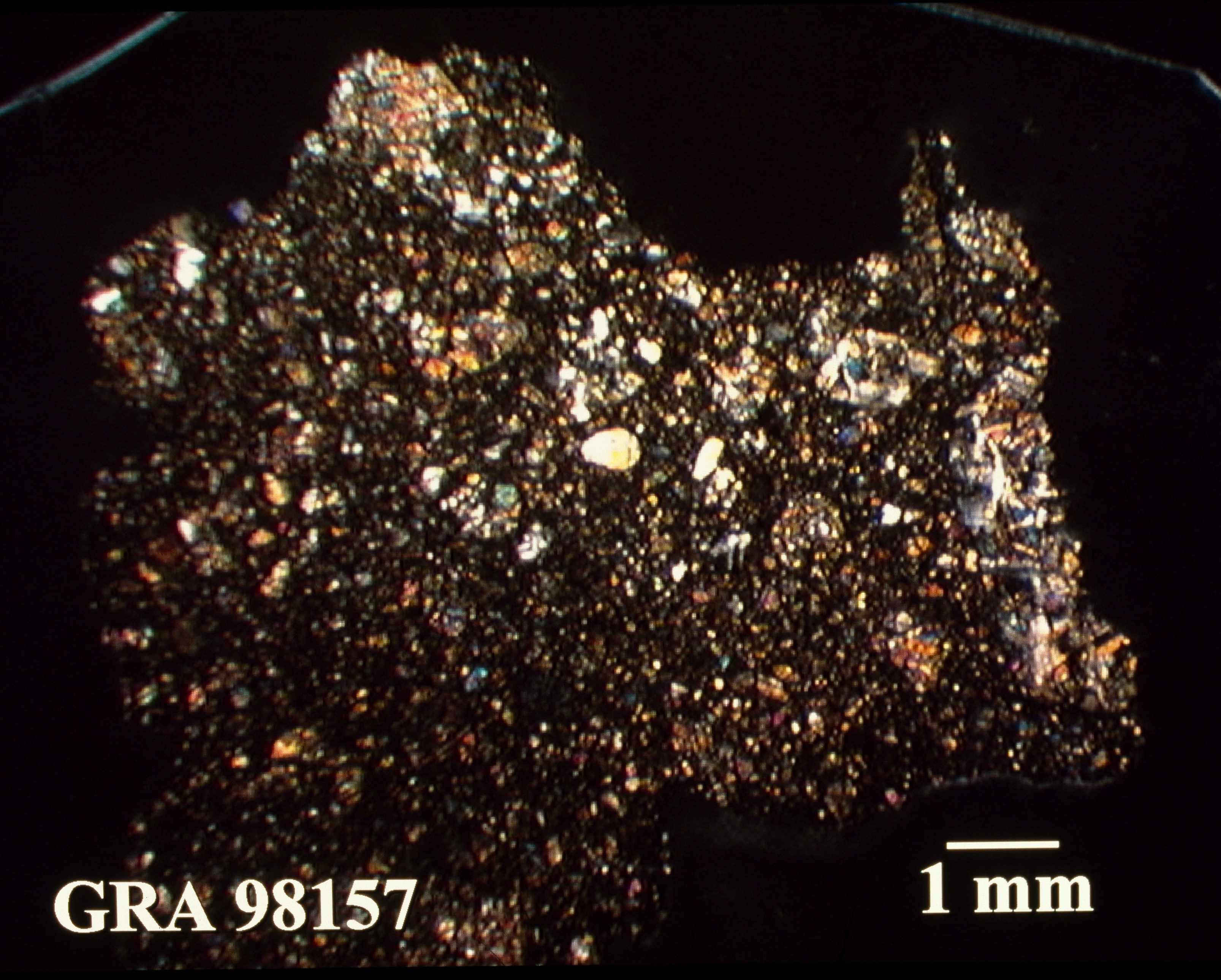 Thin Section Photo of Sample GRA 98157 in Cross-Polarized Light with 1.25X Magnification