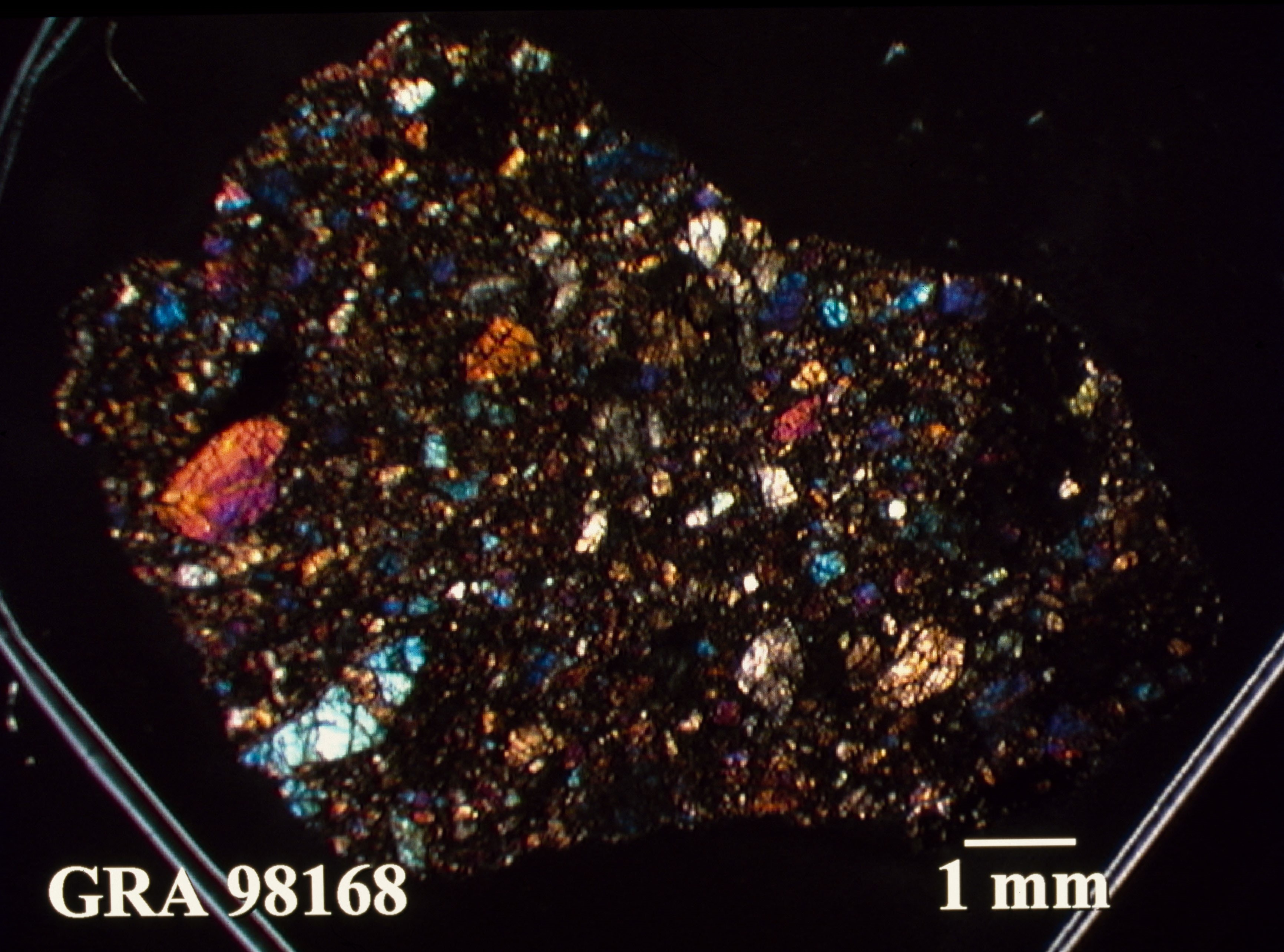Thin Section Photo of Sample GRA 98168 in Cross-Polarized Light with 1.25X Magnification