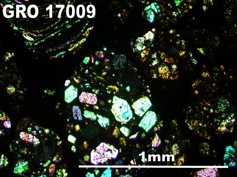 Thin Section Photo of Sample GRO 17009 in Cross-Polarized Light with 5X Magnification