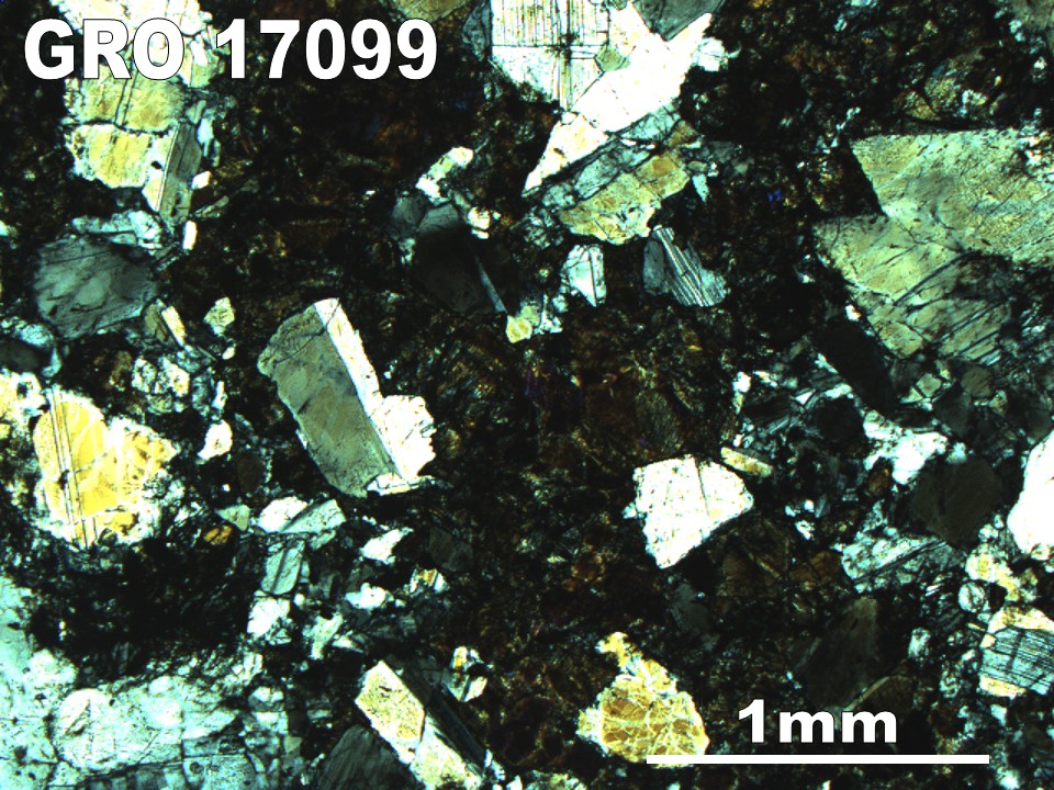 Thin Section Photo of Sample GRO 17099 in Cross-Polarized Light with 2.5X Magnification