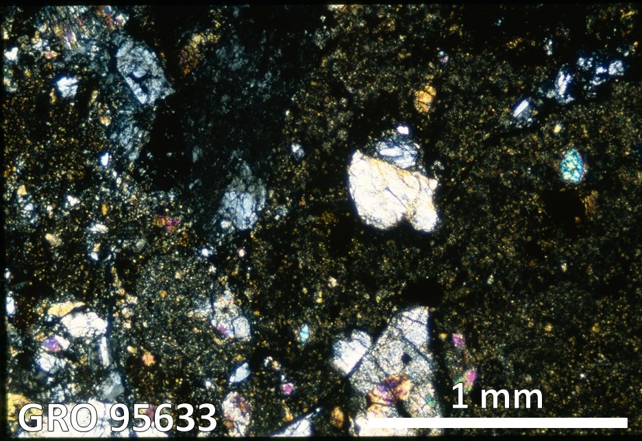 Thin Section Photo of Sample GRO 95633 in Cross-Polarized Light with 2.5X Magnification