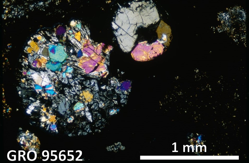 Thin Section Photo of Sample GRO 95652 in Cross-Polarized Light with 2.5X Magnification