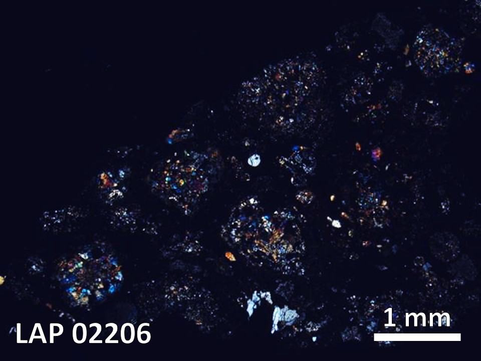 Thin Section Photo of Sample LAP 02206 in Cross-Polarized Light with 20X Magnification