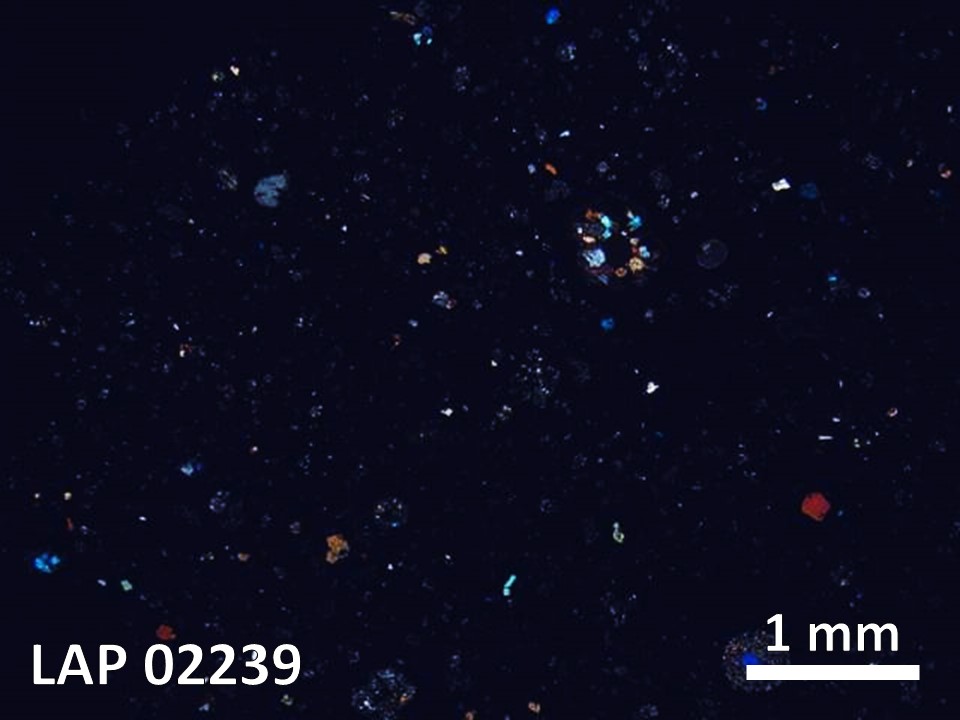 Thin Section Photo of Sample LAP 02239 in Cross-Polarized Light with  Magnification