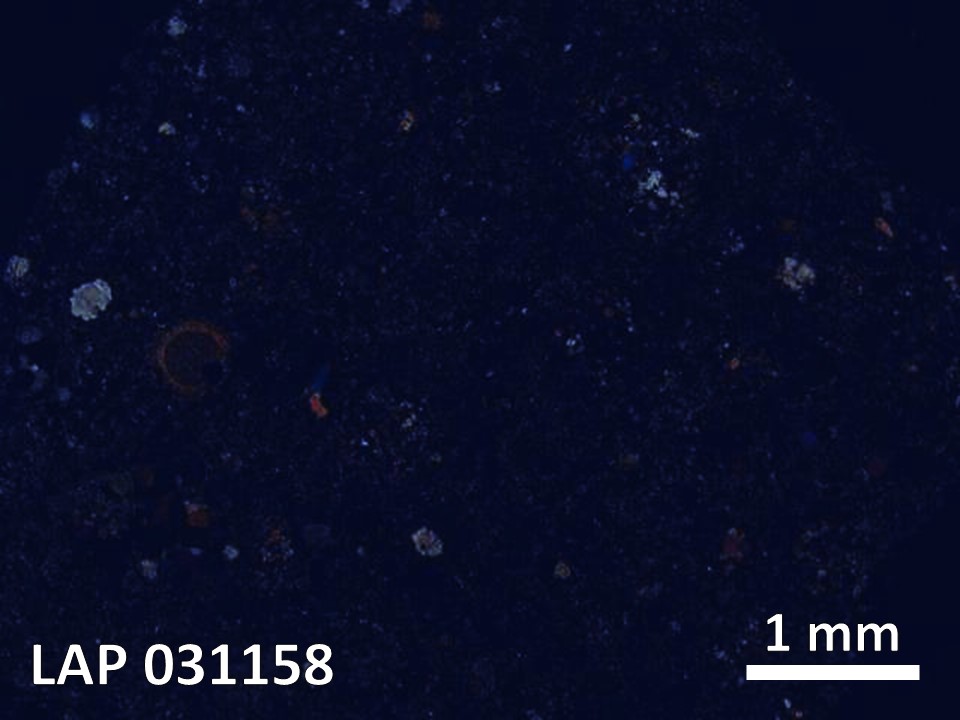 Thin Section Photo of Sample LAP 031158 in Cross-Polarized Light with 5X Magnification