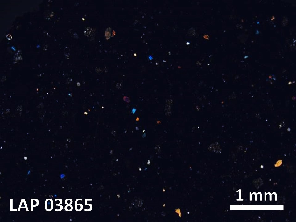Thin Section Photo of Sample LAP 03865 in Cross-Polarized Light with 5X Magnification