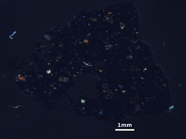 Thin Section Photo of Sample LAP 10032 at 1.25X Magnification in Cross-Polarized Light