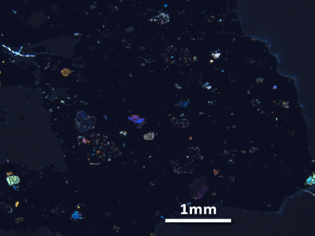 Thin Section Photo of Sample LAP 10032 at 2.5X Magnification in Cross-Polarized Light