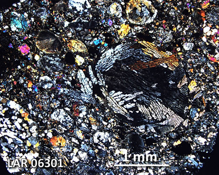 LAR 06301 Meteorite Thin Section Photo with 2.5x magnification in Cross-Polarized Light