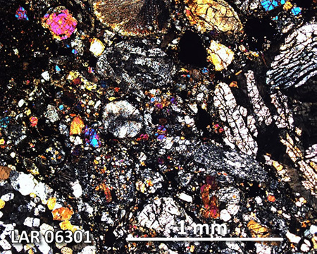 LAR 06301 Meteorite Thin Section Photo with 5x magnification in Cross-Polarized Light