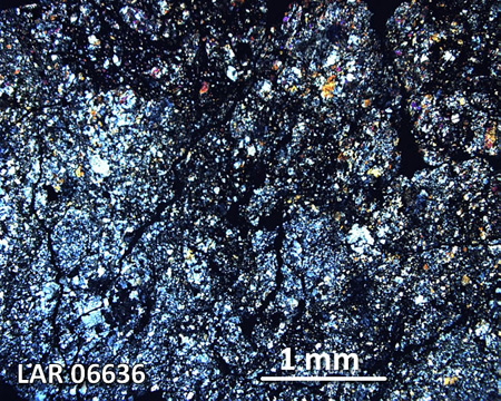 LAR 06636 Meteorite Thin Section Photo with 2.5x magnification in Cross-Polarized Light