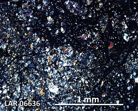 LAR 06636 Meteorite Thin Section Photo with 5x magnification in Cross-Polarized Light