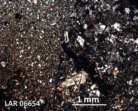 LAR 06654 Meteorite Thin Section Photo with 2.5x magnification in Cross-Polarized Light