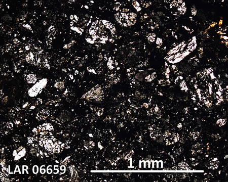 LAR 06659 Meteorite Thin Section Photo with 5x magnification in Cross-Polarized Light