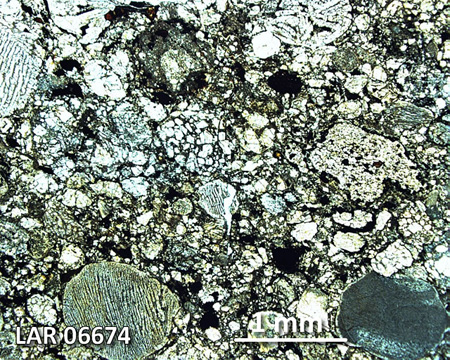 LAR 06674 Meteorite Thin Section Photo with 2.5x magnification in Plane-Polarized Light