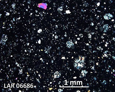 LAR 06686 Meteorite Thin Section Photo with 2.5x magnification in Cross-Polarized Light
