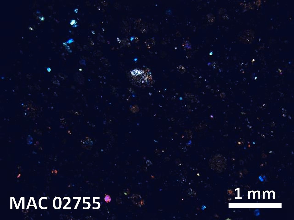 Thin Section Photo of Sample MAC 02755 in Cross-Polarized Light with 5X Magnification