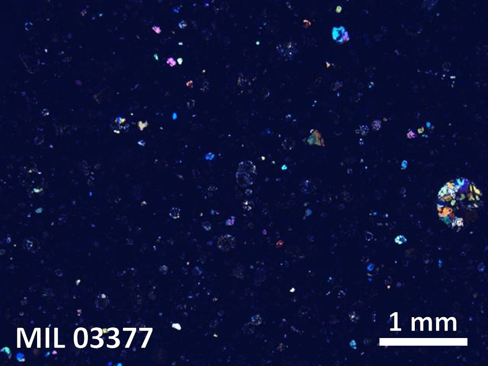 Thin Section Photo of Sample MIL 03377 in Cross-Polarized Light with  Magnification