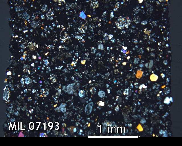Thin Section Photo of Sample MIL 07193 in Cross-Polarized Light with 2.5x Magnification