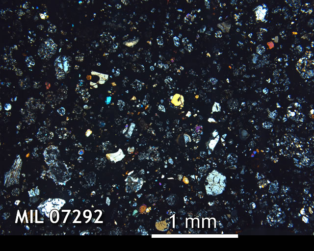 Thin Section Photo of Sample MIL 07292 in Cross-Polarized Light with 2.5x Magnification