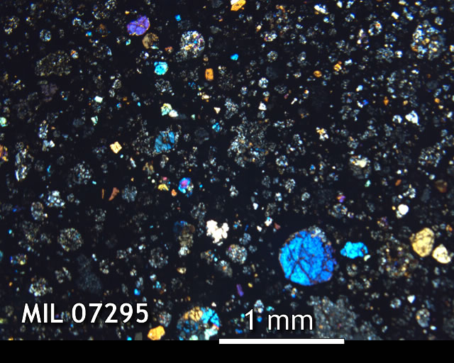 Thin Section Photo of Sample MIL 07295 in Cross-Polarized Light with 2.5x Magnification