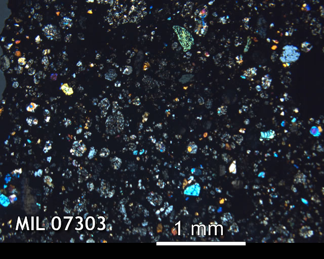 Thin Section Photo of Sample MIL 07303 in Cross-Polarized Light with 2.5x Magnification