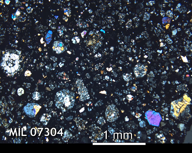 Thin Section Photo of Sample MIL 07304 in Cross-Polarized Light with 2.5x Magnification