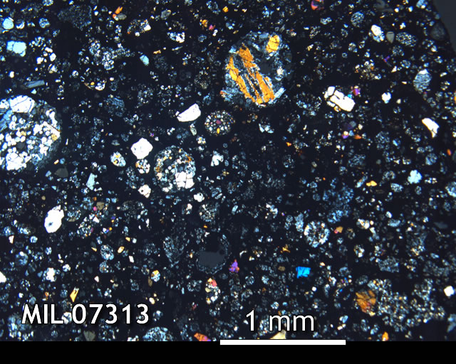 Thin Section Photo of Sample MIL 07313 in Cross-Polarized Light with 2.5x Magnification