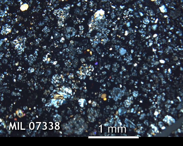 Thin Section Photo of Sample MIL 07338 in Cross-Polarized Light with 2.5x Magnification