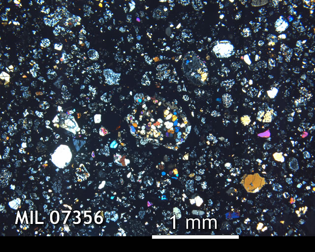 Thin Section Photo of Sample MIL 07356 in Cross-Polarized Light with 2.5x Magnification