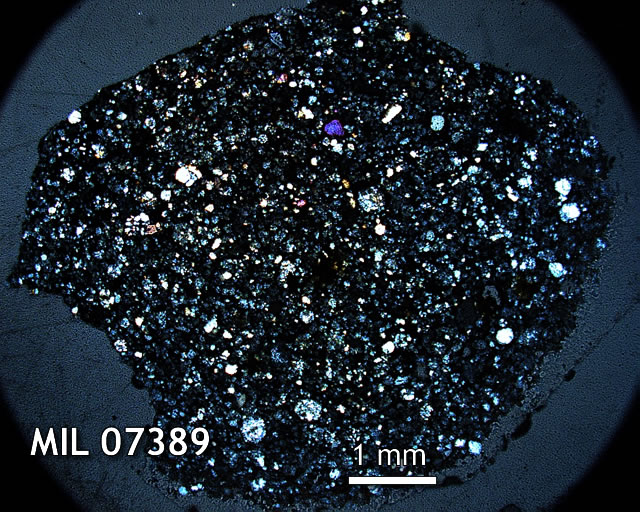 Thin Section Photo of Sample MIL 07389 in Cross-Polarized Light with 1.25x Magnification
