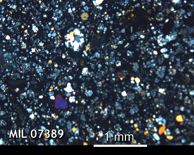 Thin Section Photo of Sample MIL 07389 in Cross-Polarized Light with 2.5x Magnification
