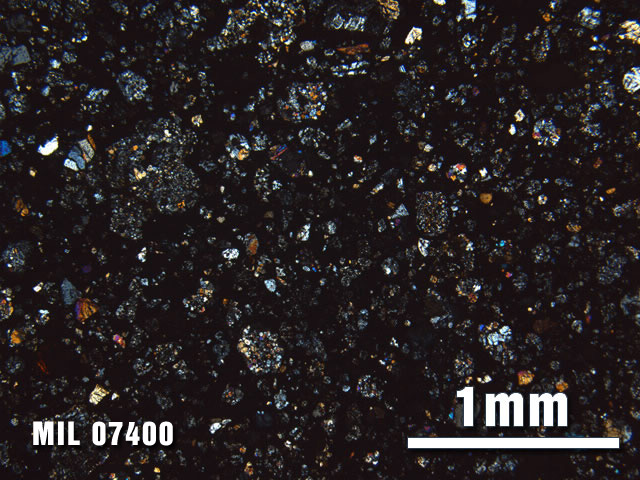 Thin Section Photo of Sample MIL 07400 at 2.5X Magnification in Cross-Polarized Light