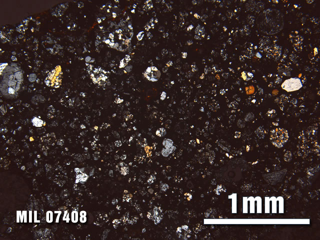 Thin Section Photo of Sample MIL 07408 at 2.5X Magnification in Cross-Polarized Light