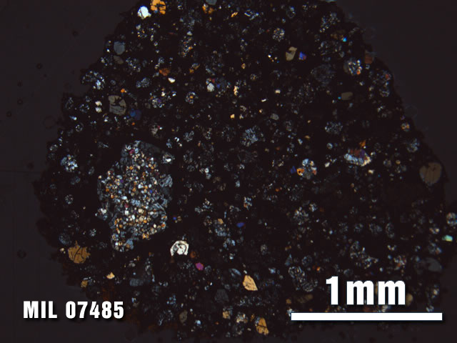 Thin Section Photo of Sample MIL 07485 at 2.5X Magnification in Cross-Polarized Light
