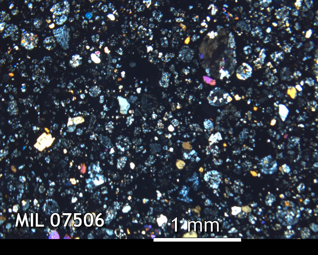 Thin Section Photo of Sample MIL 07506 in Cross-Polarized Light with 2.5x Magnification