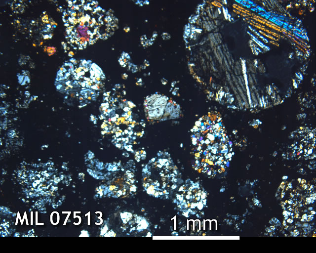 Thin Section Photo of Sample MIL 07513 in Cross-Polarized Light with 2.5x Magnification