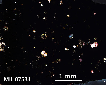 MIL 07531 Meteorite Thin Section Photo with 2.5x magnification in Cross-Polarized Light