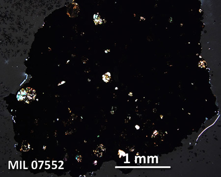 MIL 07552 Meteorite Thin Section Photo with 2.5x magnification in Cross-Polarized Light
