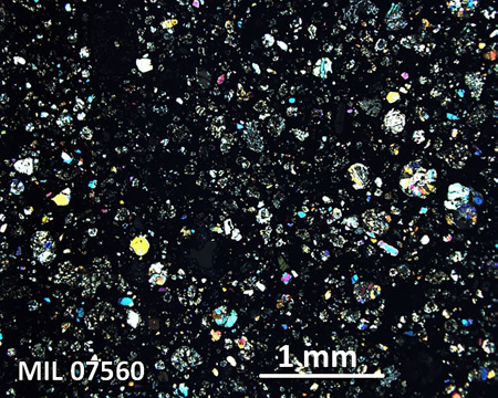 MIL 07560 Meteorite Thin Section Photo with 2.5x magnification in Cross-Polarized Light